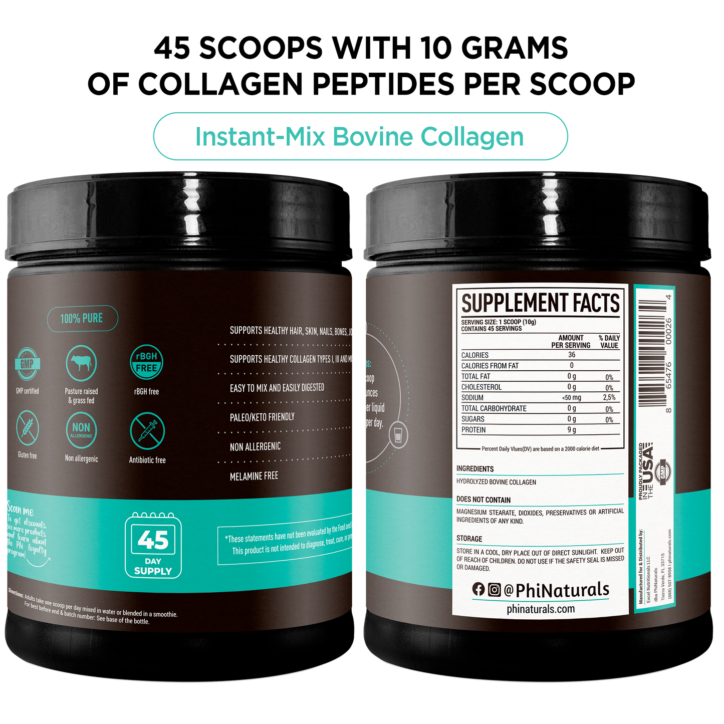 Hydrolyzed Collagen Peptides Powder – Enhanced Formula | 45 Servings | 10g Grass-Fed Collagen Per Scoop for Skin, Joint, and Hair Health