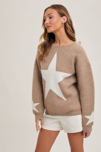 Latte Star Print Knit Sweater Pullover – Cozy & Stylish