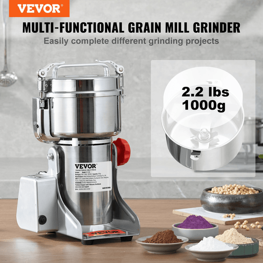 VEVOR 1000g Electric Grain Mill Grinder, 3750W High-Speed Commercial Spice Pulverizer | Stainless Steel Swing Type