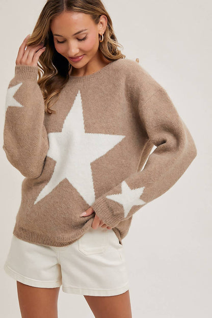 Latte Star Print Knit Sweater Pullover – Cozy & Stylish