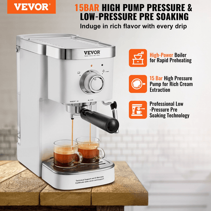 VEVOR 15-Bar Espresso Coffee Machine | Semi-Automatic Espresso Maker with Milk Frother Steam Wand