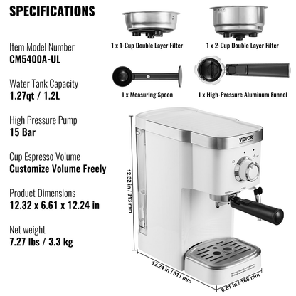 VEVOR 15-Bar Espresso Coffee Machine | Semi-Automatic Espresso Maker with Milk Frother Steam Wand