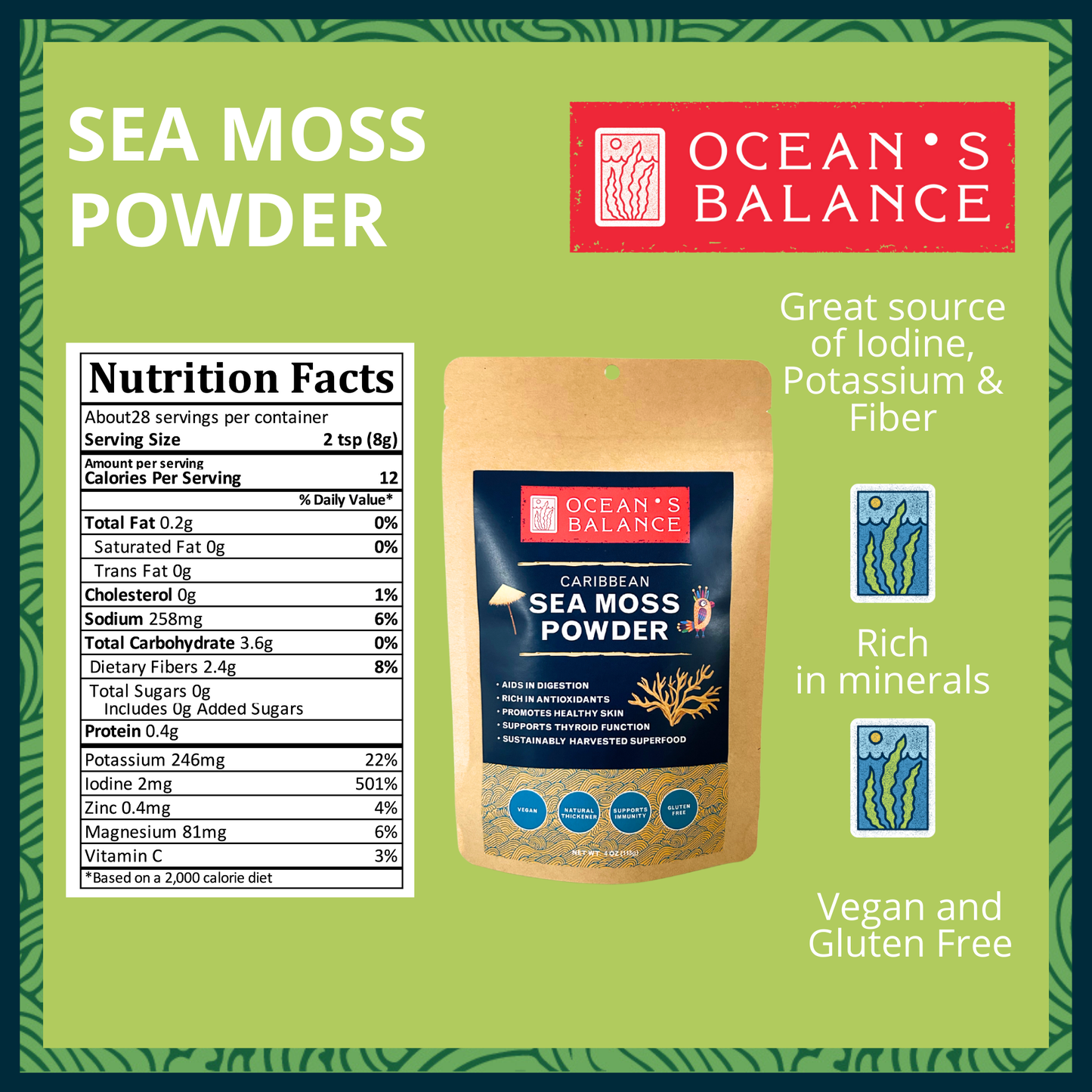 Wildcrafted Caribbean Sea Moss Powder – Natural Thyroid Support, Energy Boost, and Digestive Aid – Vegan, Paleo, Gluten-Free, 4 oz.