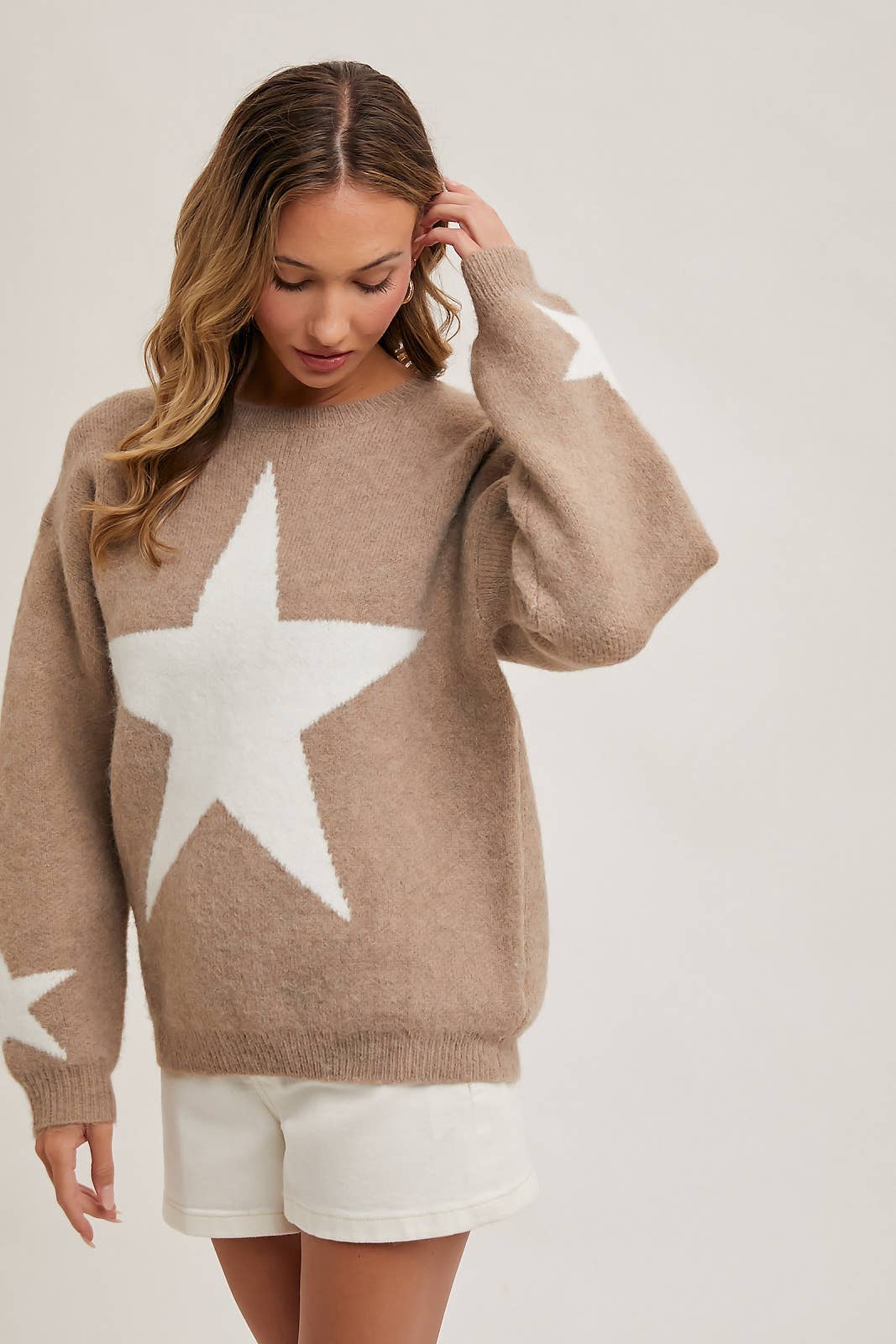 Latte Star Print Knit Sweater Pullover – Cozy & Stylish