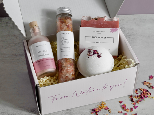 Elegance Gift Box - Vegan, All-Natural Self-Care Set with Bath Salts, Soap, Bath Bomb & Clay Mask