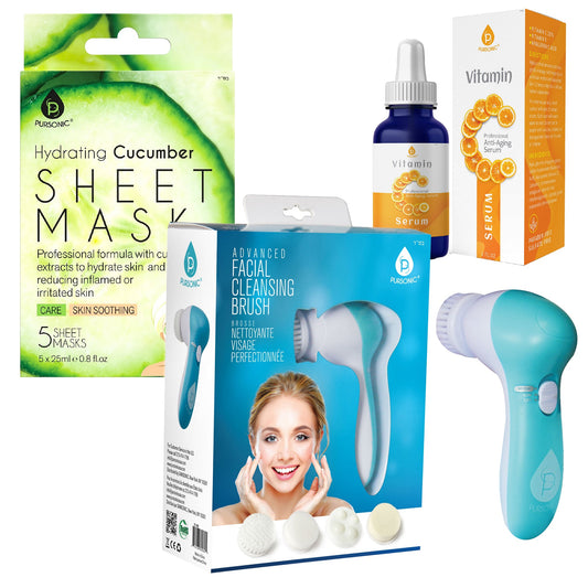 Pursonic Spa Glow Gift Bundle: Hydrating Cucumber Masks, Cleansing Brush & Vitamin C Serum.