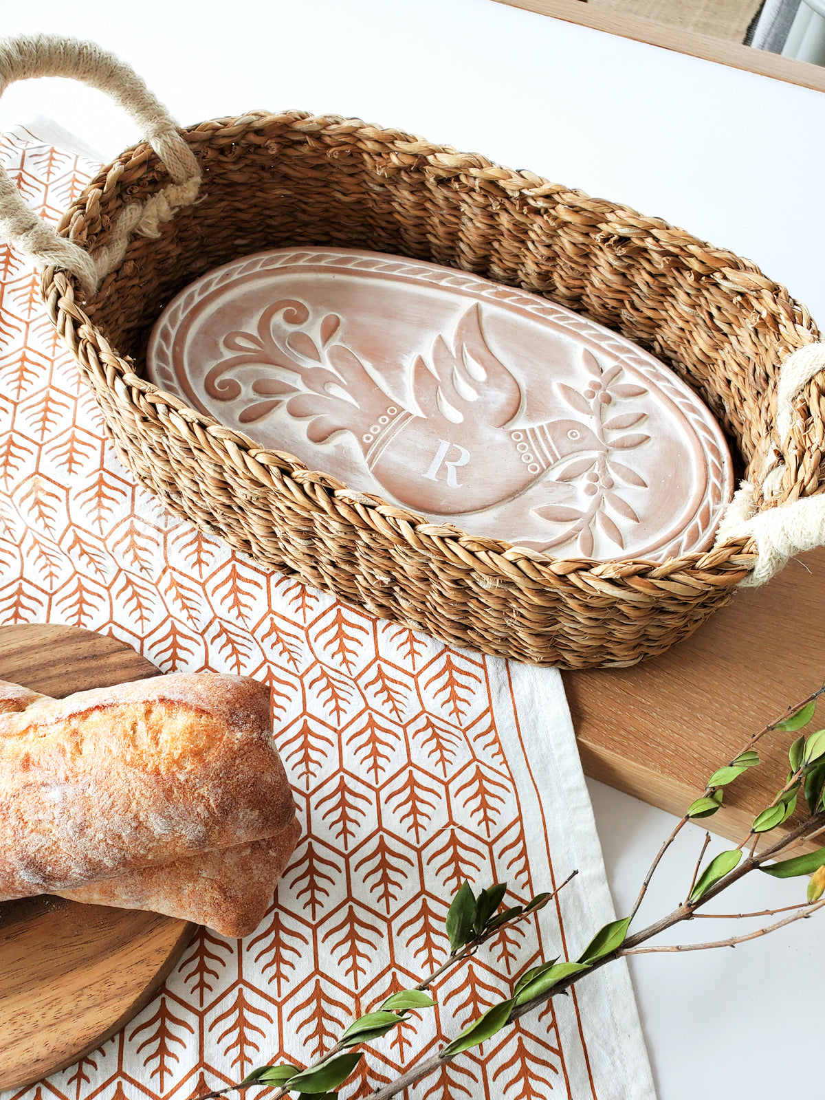 Monogrammed Bread Warmer & Basket Gift Set with Tea Towel - Bird Oval