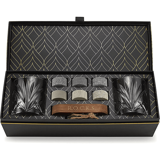 Whiskey Chilling Stones Gift Set with 2 Palm Crystal Glasses – Premium Granite Whiskey Stones, Glasses & Tray