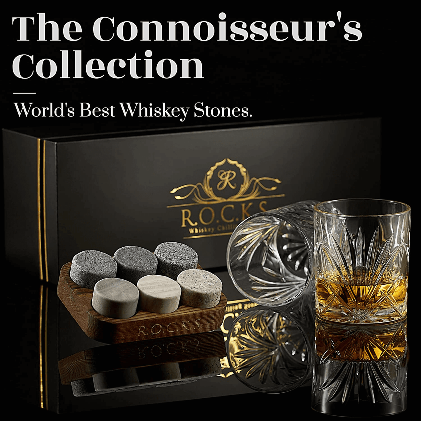 Whiskey Chilling Stones Gift Set with 2 Palm Crystal Glasses – Premium Granite Whiskey Stones, Glasses & Tray