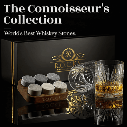 Whiskey Chilling Stones Gift Set with 2 Palm Crystal Glasses – Premium Granite Whiskey Stones, Glasses & Tray