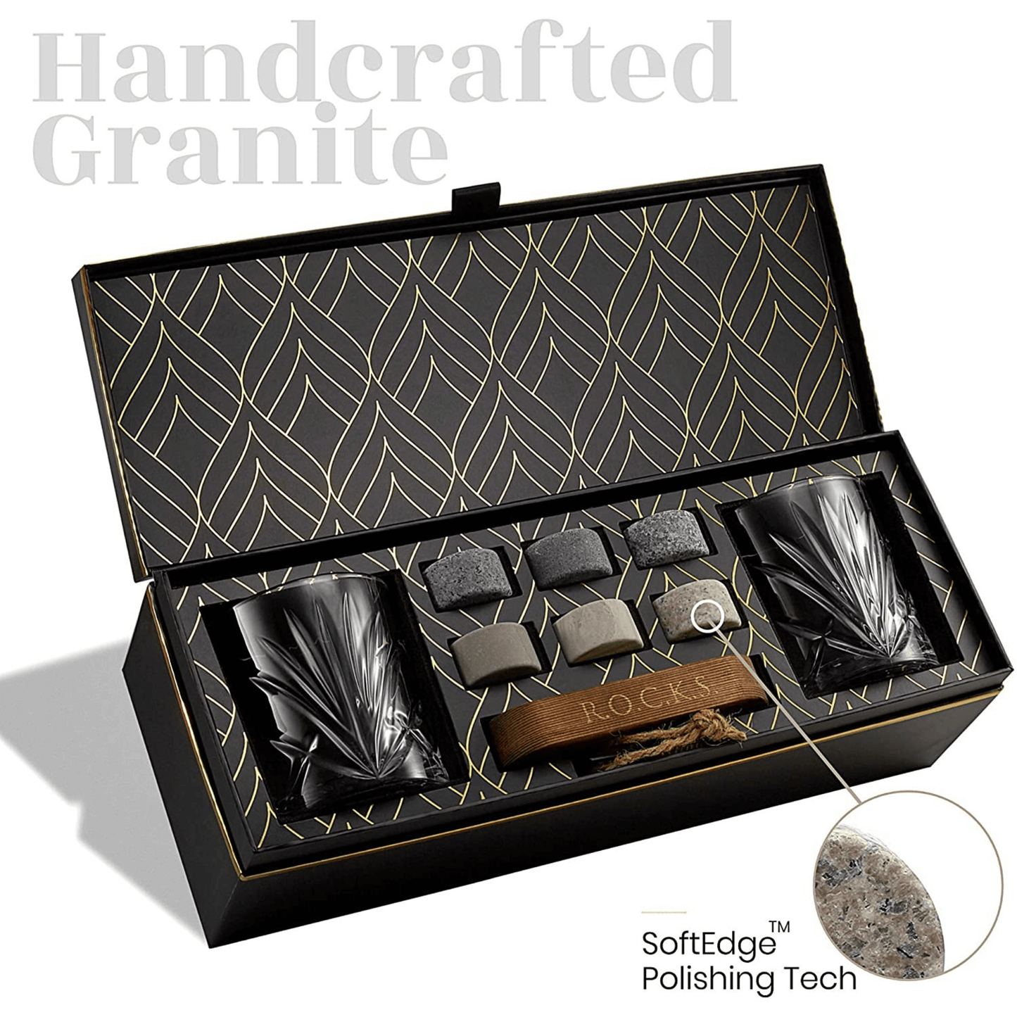 Whiskey Chilling Stones Gift Set with 2 Palm Crystal Glasses – Premium Granite Whiskey Stones, Glasses & Tray