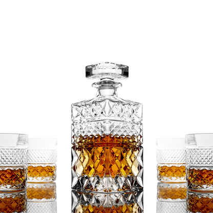 Elegant Whiskey Decanter & Glass Set – Crafted for Connoisseurs with Star-Patterned Carafe and Granite Chilling Rocks