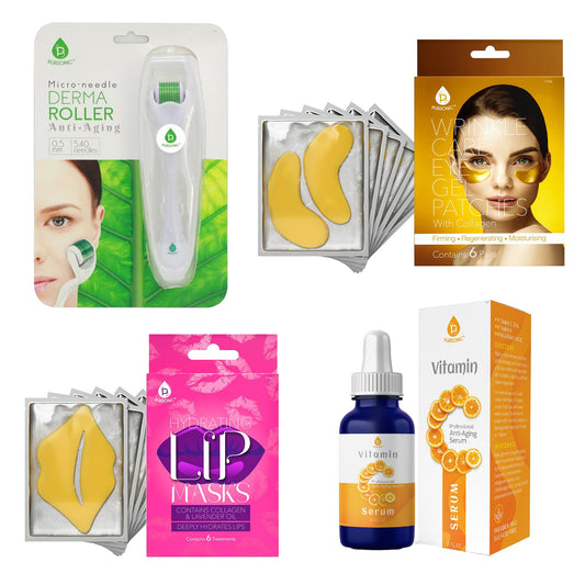 Ultimate Skincare Bundle: Vitamin C Serum, Wrinkle Care Eye Gel, Hydrating Lip Masks & Micro Needle Derma Roller.