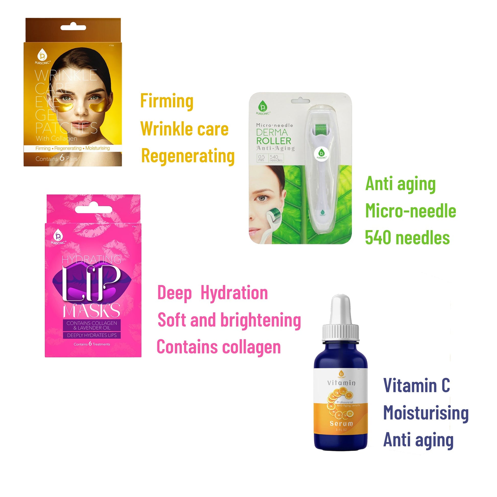 Ultimate Skincare Bundle: Vitamin C Serum, Wrinkle Care Eye Gel, Hydrating Lip Masks & Micro Needle Derma Roller.