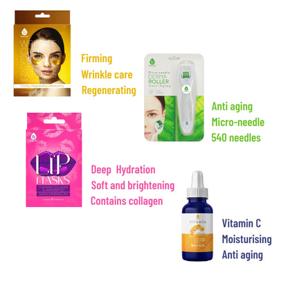 Ultimate Skincare Bundle: Vitamin C Serum, Wrinkle Care Eye Gel, Hydrating Lip Masks & Micro Needle Derma Roller.