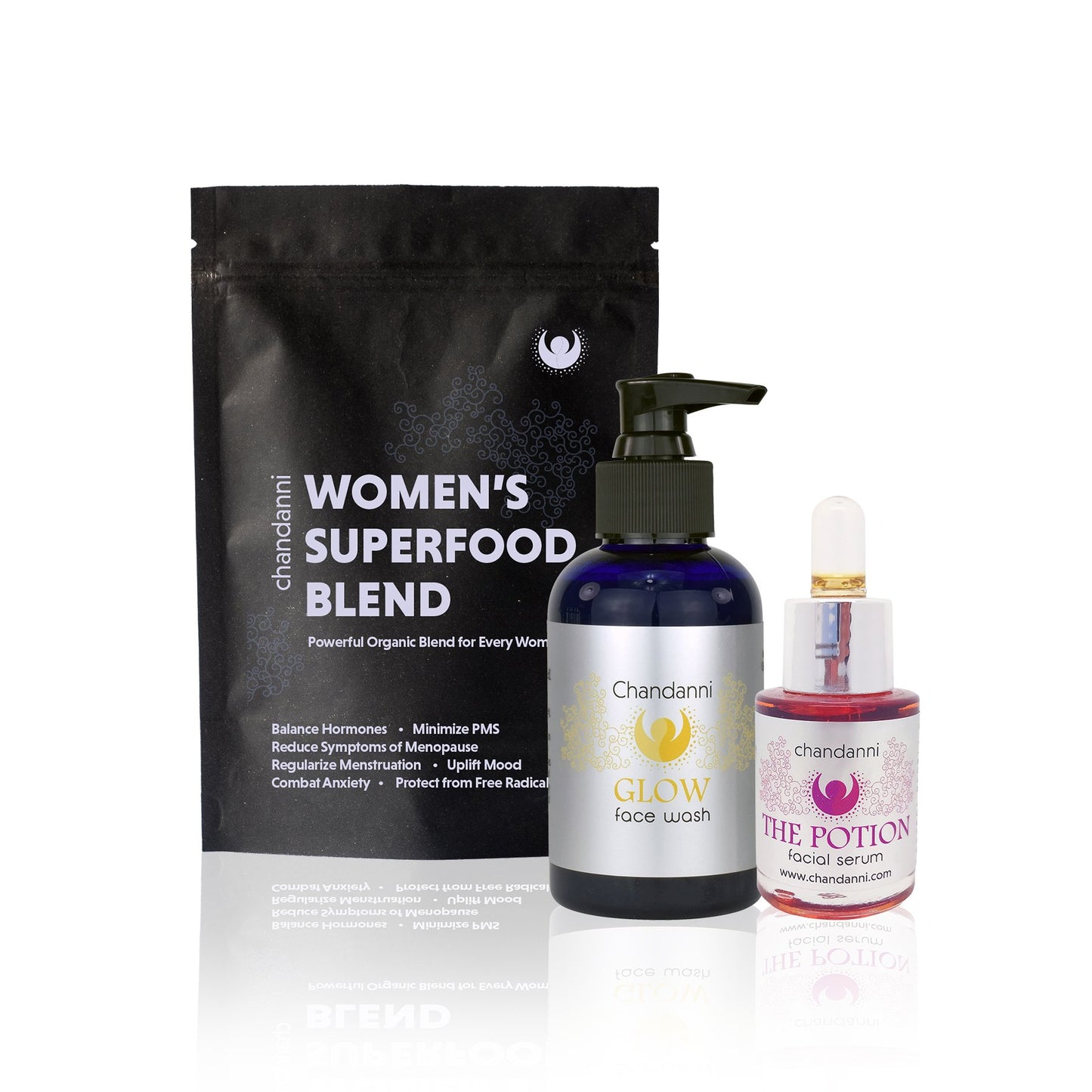 The SHE Game Bundle – Women's Daily Superfood Blend, Organic Potion Face Serum & Organic Glow Face Wash