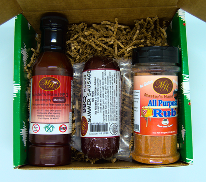 Green BBQ Gift Set - BBQ Sauce, Sausage, & All-Purpose Rub in Festive Gift Box