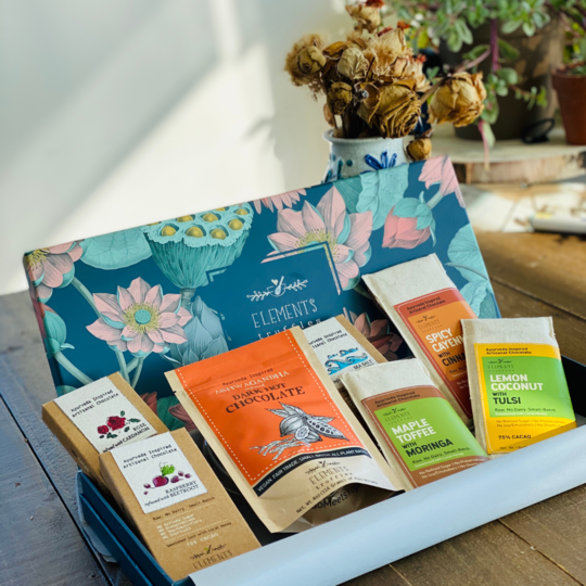 Elements Truffles Ayu Gift Box - Handcrafted Ayurvedic Chocolate Assortment with Vegan Drinking Chocolate