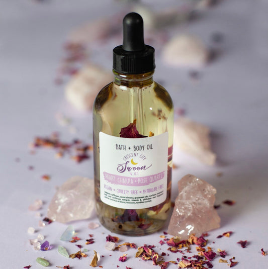 Rose Quartz Heart Chakra Bath & Body Oil | Rose + Vetiver Essential Oils Infused with Rose Quartz Crystals for Moisturizing & Self-Love